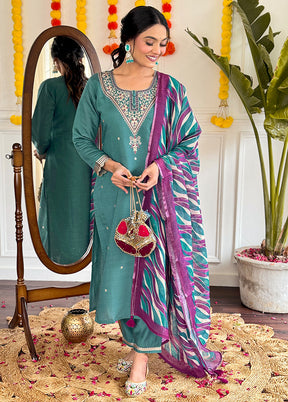 3 Pc Teal Blue Readymade Viscose Dupatta Suit Set