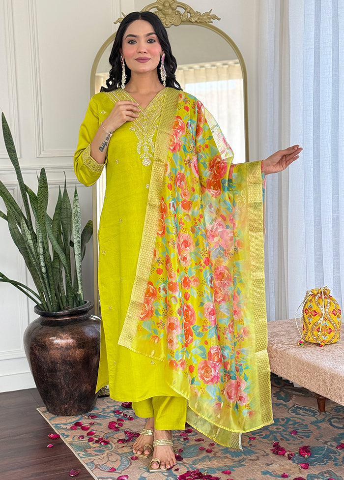 3 Pc Green Readymade Viscose Dupatta Suit Set