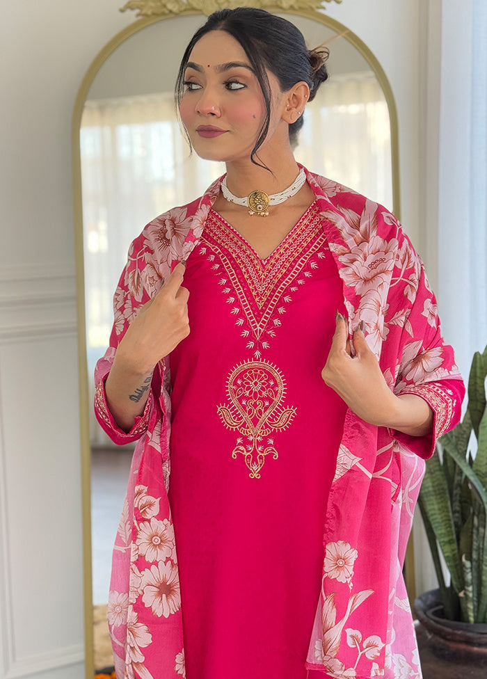 3 Pc Pink Readymade Viscose Dupatta Suit Set