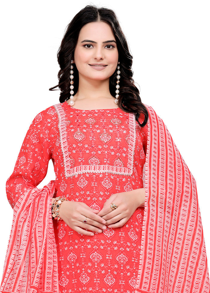3 Pc Orange Readymade Cotton Dupatta Suit Set
