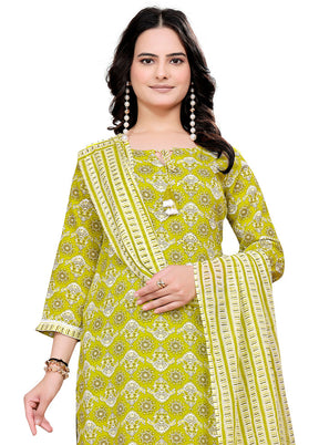 3 Pc Green Readymade Cotton Dupatta Suit Set