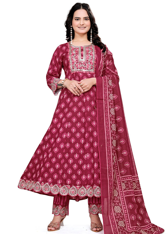 3 Pc Burgundy Readymade Cotton Dupatta Suit Set