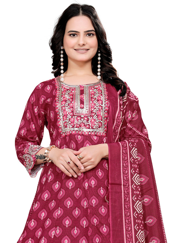 3 Pc Burgundy Readymade Cotton Dupatta Suit Set