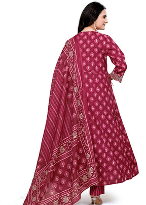 3 Pc Burgundy Readymade Cotton Dupatta Suit Set