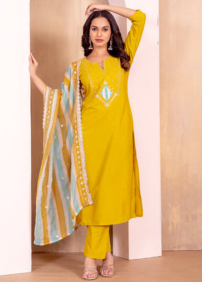3 Pc Yellow Readymade Silk Dupatta Suit Set
