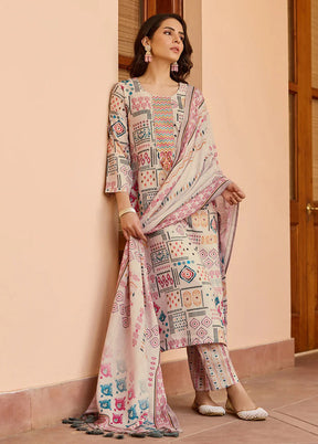 3 Pc Cream Readymade Cotton Dupatta Suit Set