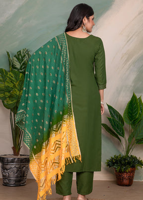 3 Pc Green Readymade Silk Dupatta Suit Set
