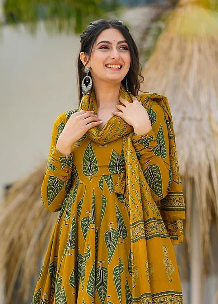 3 Pc Mustard Readymade Silk Dupatta Suit Set