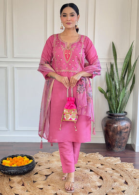 3 Pc Pink Readymade Viscose Dupatta Suit Set