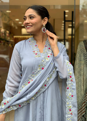 3 Pc Grey Readymade Viscose Dupatta Suit Set