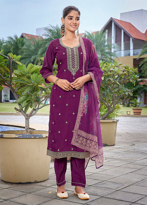 3 Pc Purple Readymade Viscose Dupatta Suit Set