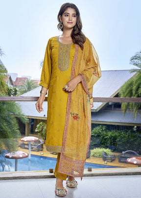 3 Pc Yellow Readymade Viscose Dupatta Suit Set