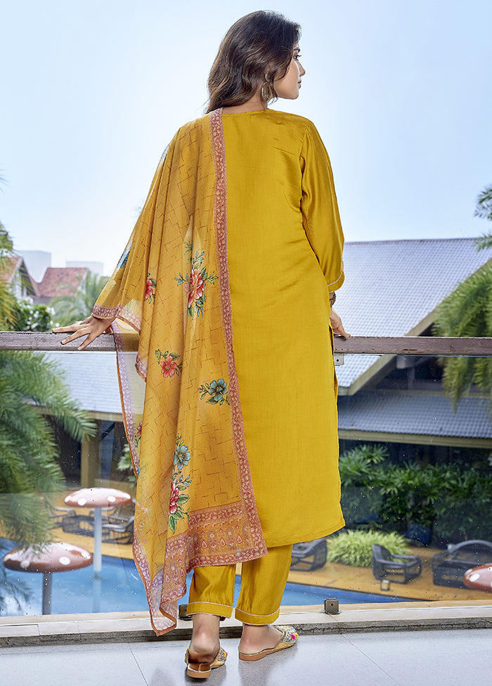 3 Pc Yellow Readymade Viscose Dupatta Suit Set