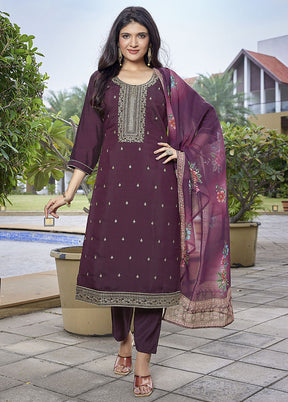 3 Pc Wine Readymade Viscose Dupatta Suit Set