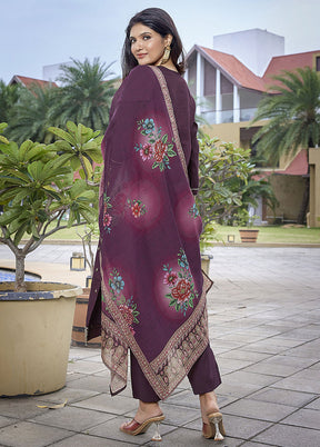 3 Pc Wine Readymade Viscose Dupatta Suit Set