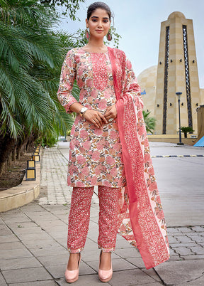 3 Pc Pink Readymade Cotton Dupatta Suit Set