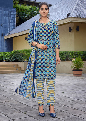 3 Pc Blue Readymade Cotton Dupatta Suit Set
