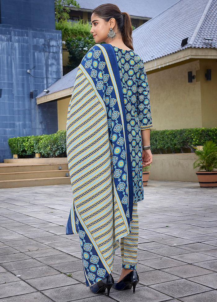 3 Pc Blue Readymade Cotton Dupatta Suit Set