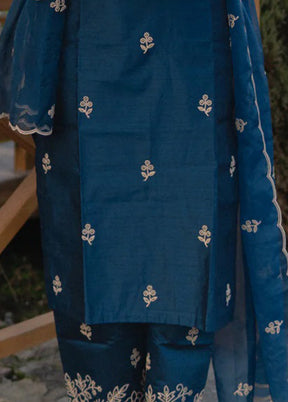 3 Pc Teal Blue Readymade Viscose Dupatta Suit Set
