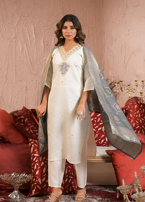 3 Pc White Readymade Viscose Dupatta Suit Set