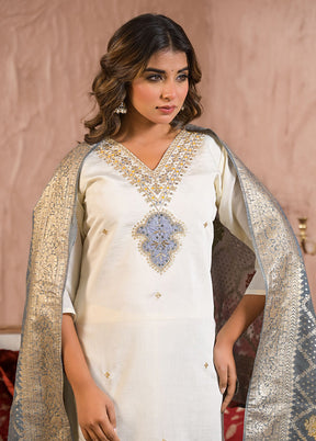 3 Pc White Readymade Viscose Dupatta Suit Set