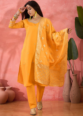 3 Pc Yellow Readymade Silk Dupatta Suit Set