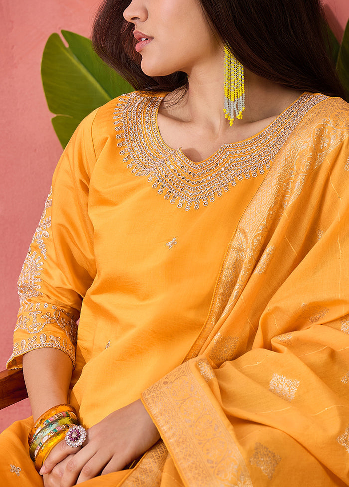 3 Pc Yellow Readymade Silk Dupatta Suit Set