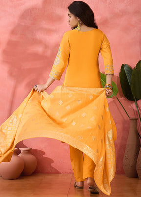 3 Pc Yellow Readymade Silk Dupatta Suit Set