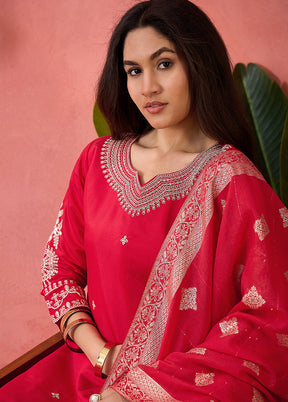 3 Pc Pink Readymade Silk Dupatta Suit Set