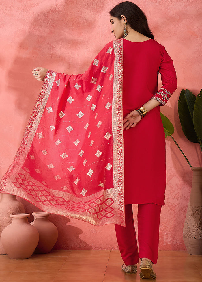 3 Pc Pink Readymade Silk Dupatta Suit Set