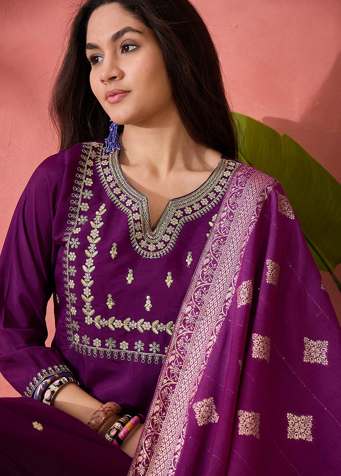 3 Pc Purple Readymade Silk Dupatta Suit Set