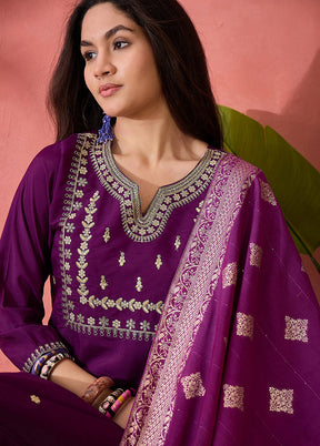 3 Pc Purple Readymade Silk Dupatta Suit Set