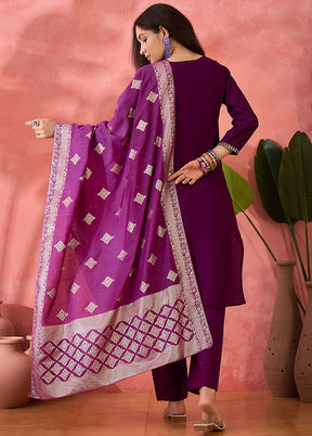 3 Pc Purple Readymade Silk Dupatta Suit Set