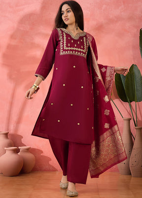 3 Pc Maroon Readymade Silk Dupatta Suit Set
