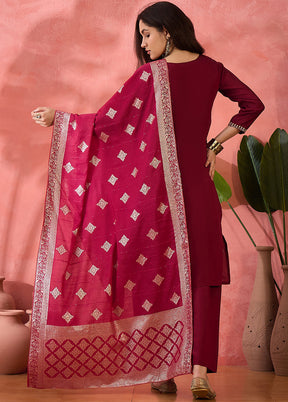 3 Pc Maroon Readymade Silk Dupatta Suit Set