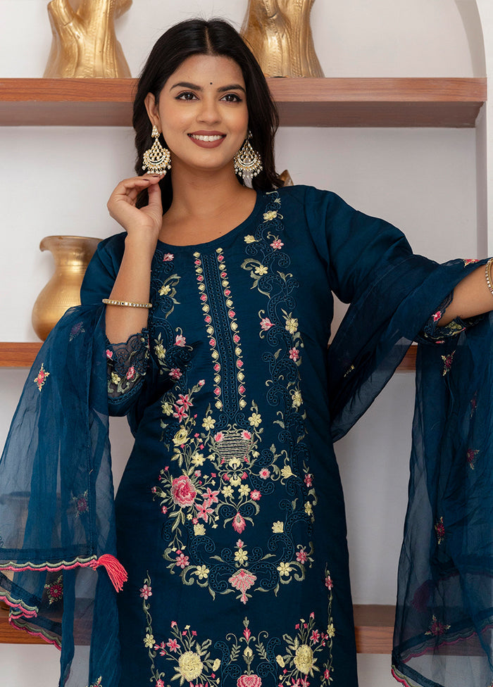 3 Pc Teal Blue Readymade Viscose Dupatta Suit Set