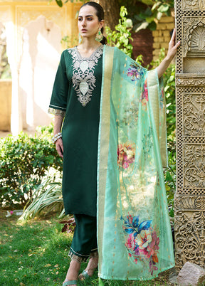 3 Pc Green Readymade Viscose Dupatta Suit Set