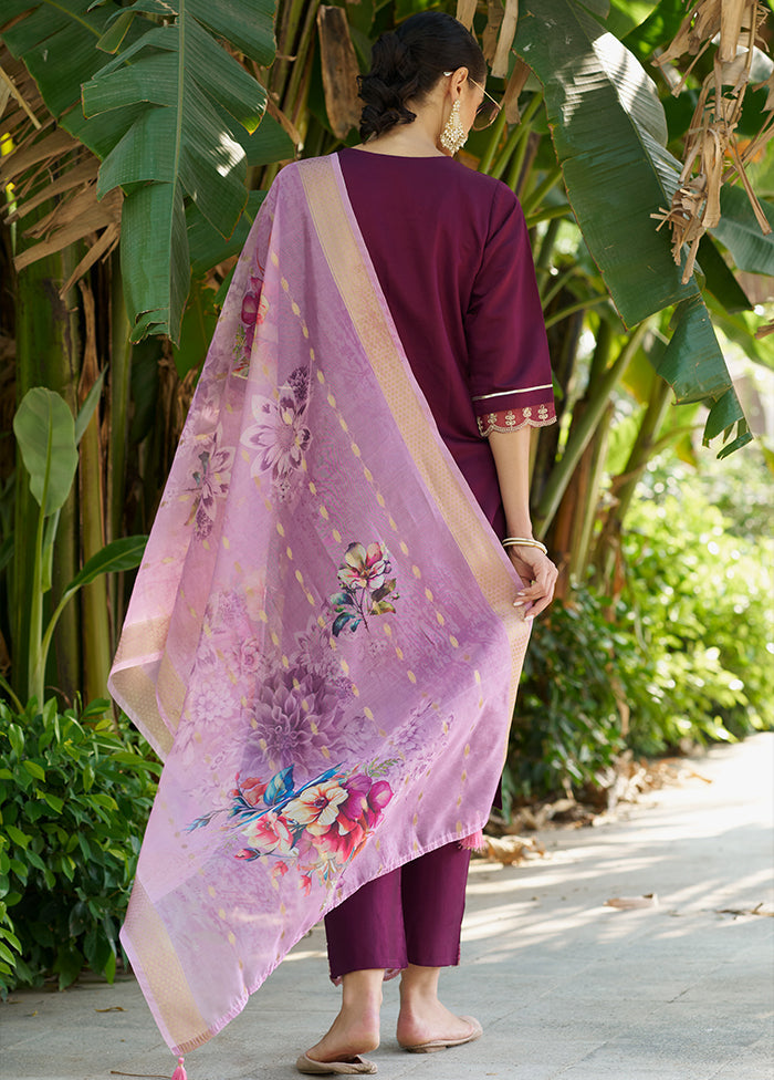 3 Pc Purple Readymade Viscose Dupatta Suit Set