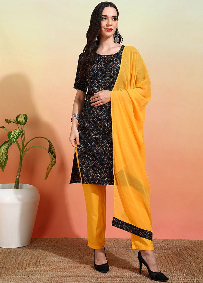 3 Pc Black Readymade Silk Dupatta Suit Set