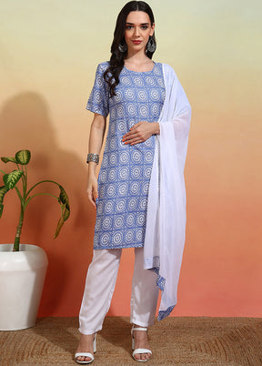 3 Pc Sky Blue Readymade Silk Dupatta Suit Set