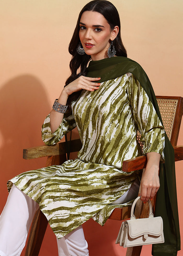 3 Pc Mehendi Green Readymade Silk Dupatta Suit Set