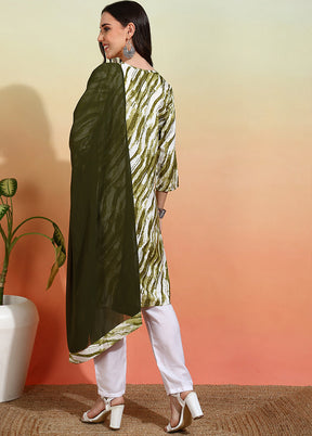 3 Pc Mehendi Green Readymade Silk Dupatta Suit Set