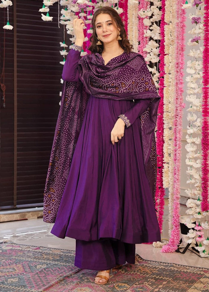 3 Pc Wine Readymade Chanderi Dupatta Suit Set
