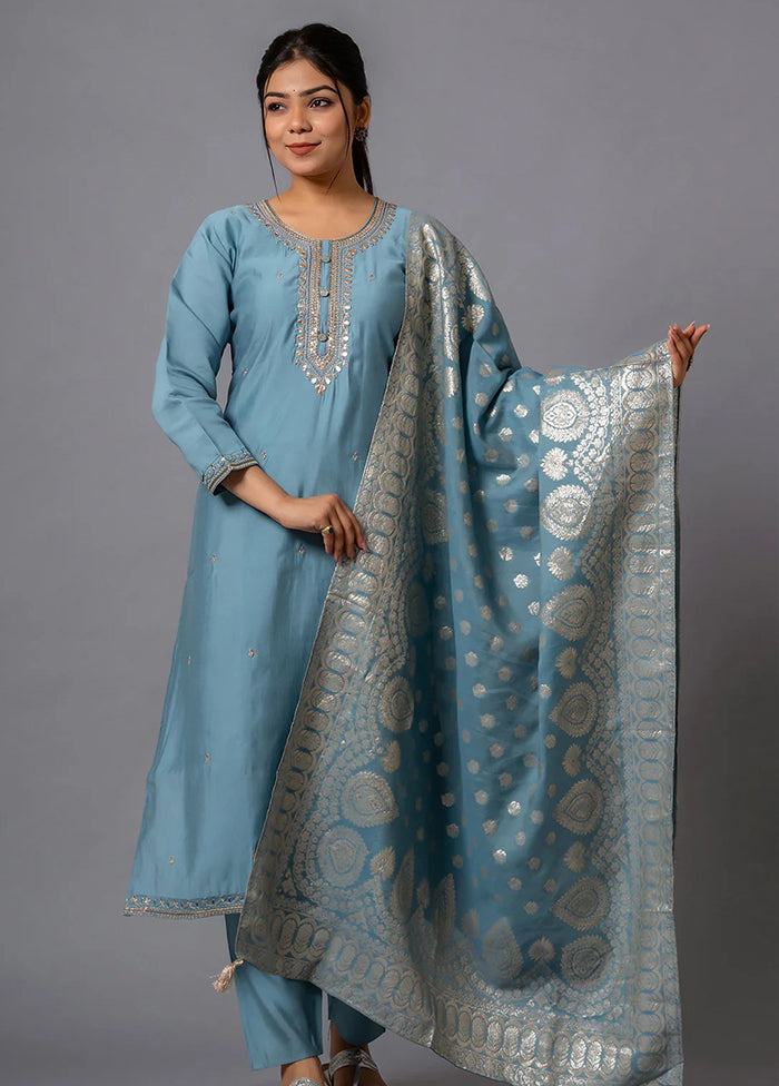 3 Pc Grey Readymade Viscose Dupatta Suit Set