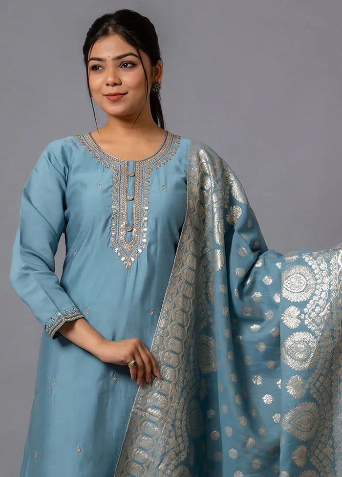 3 Pc Grey Readymade Viscose Dupatta Suit Set