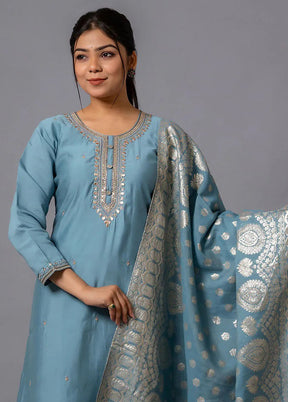 3 Pc Grey Readymade Viscose Dupatta Suit Set