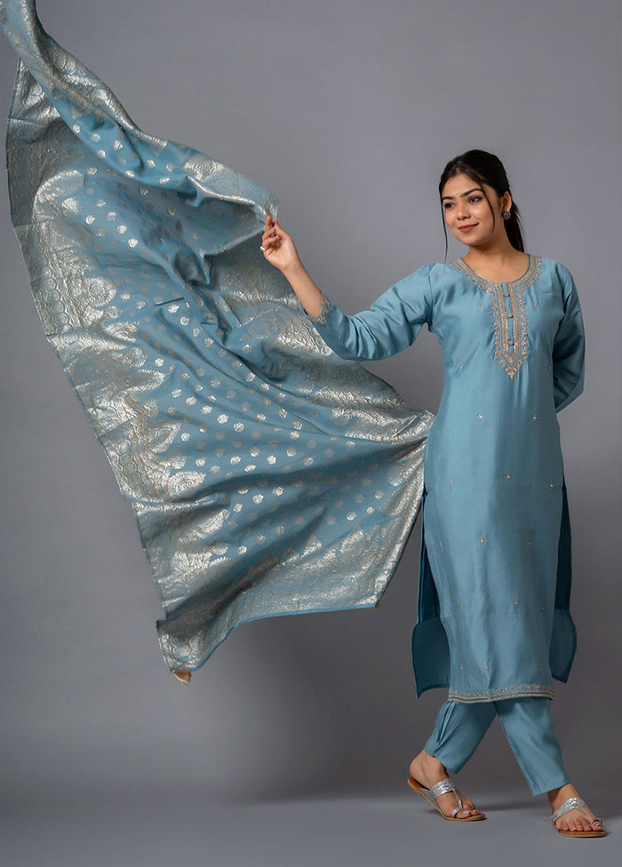 3 Pc Grey Readymade Viscose Dupatta Suit Set