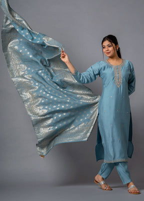 3 Pc Grey Readymade Viscose Dupatta Suit Set