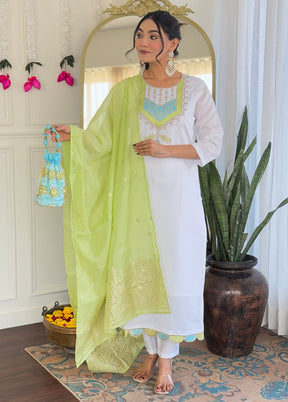 3 Pc White Readymade Viscose Dupatta Suit Set