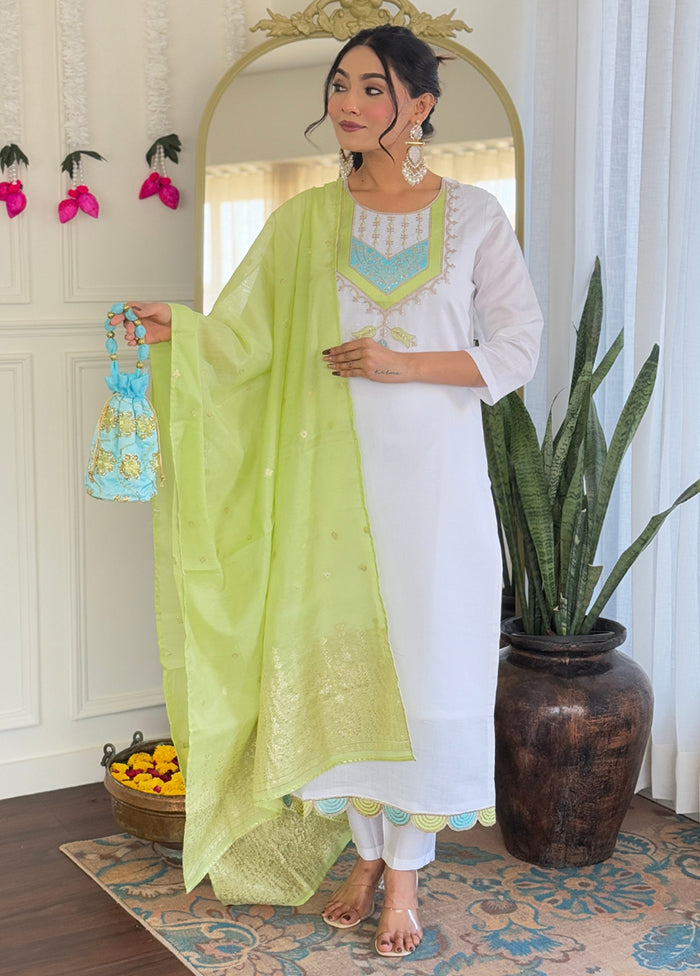 3 Pc White Readymade Viscose Dupatta Suit Set